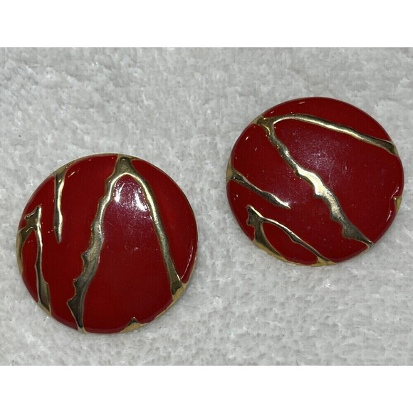 Vintage Rare Animal Print Earrings Enamel Round Red Gold 80s Retro Punk - Picture 2 of 7